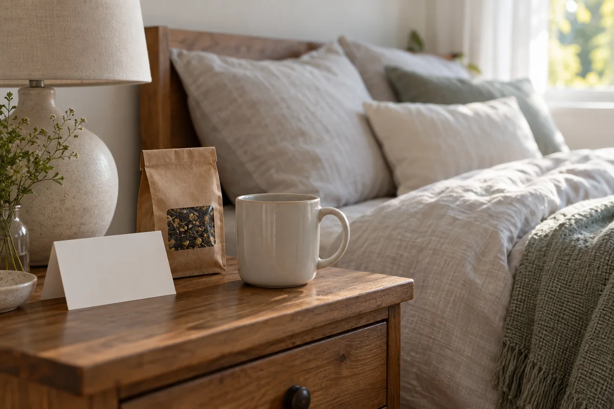 A mug beside a small bag of tea and a folded blank card on a bedside table with soft morning light.