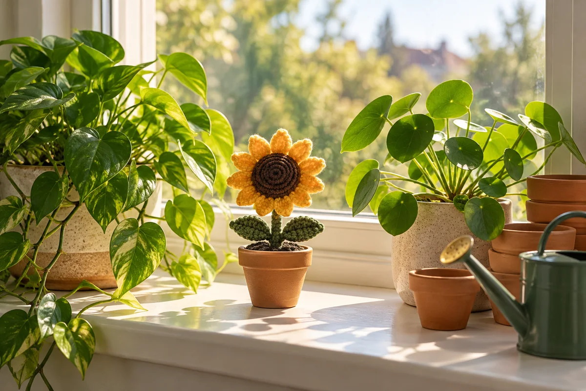 A crochet sunflower in a small pot on a sunny windowsill beside real green plants.