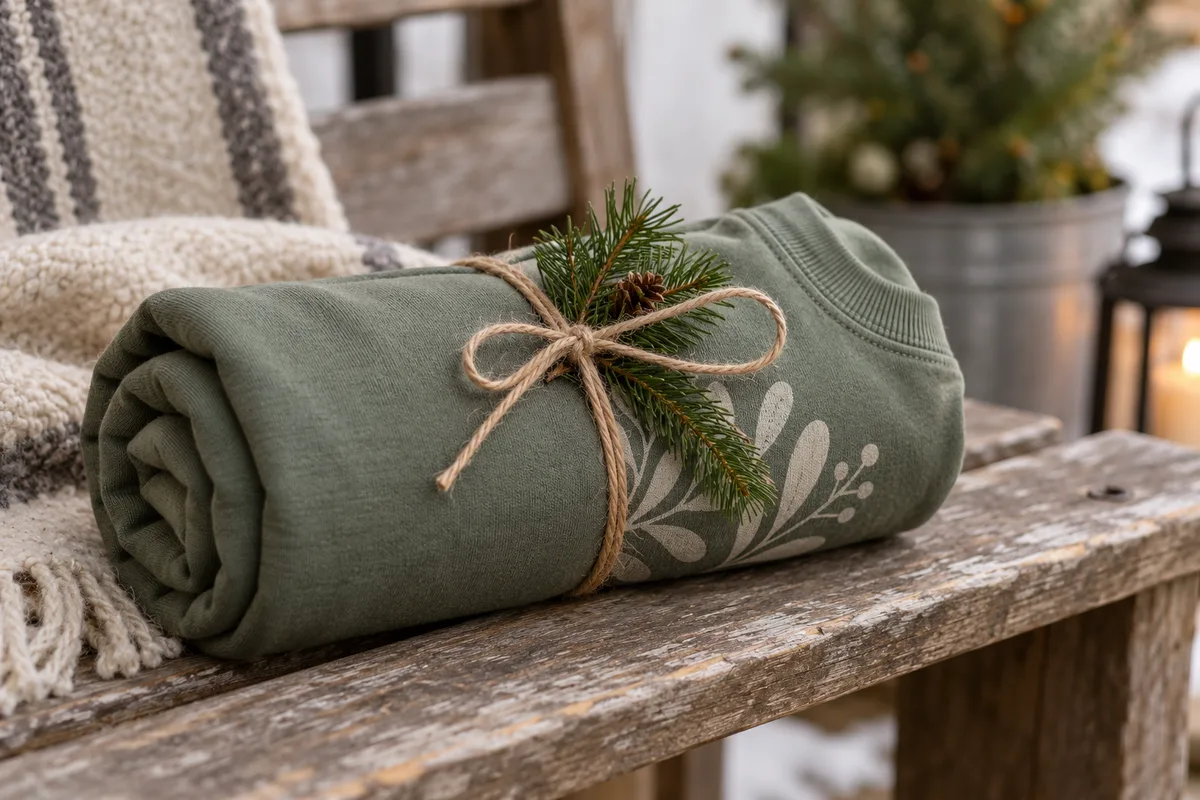 A rolled sweatshirt tied with twine on a bench with a sprig of pine