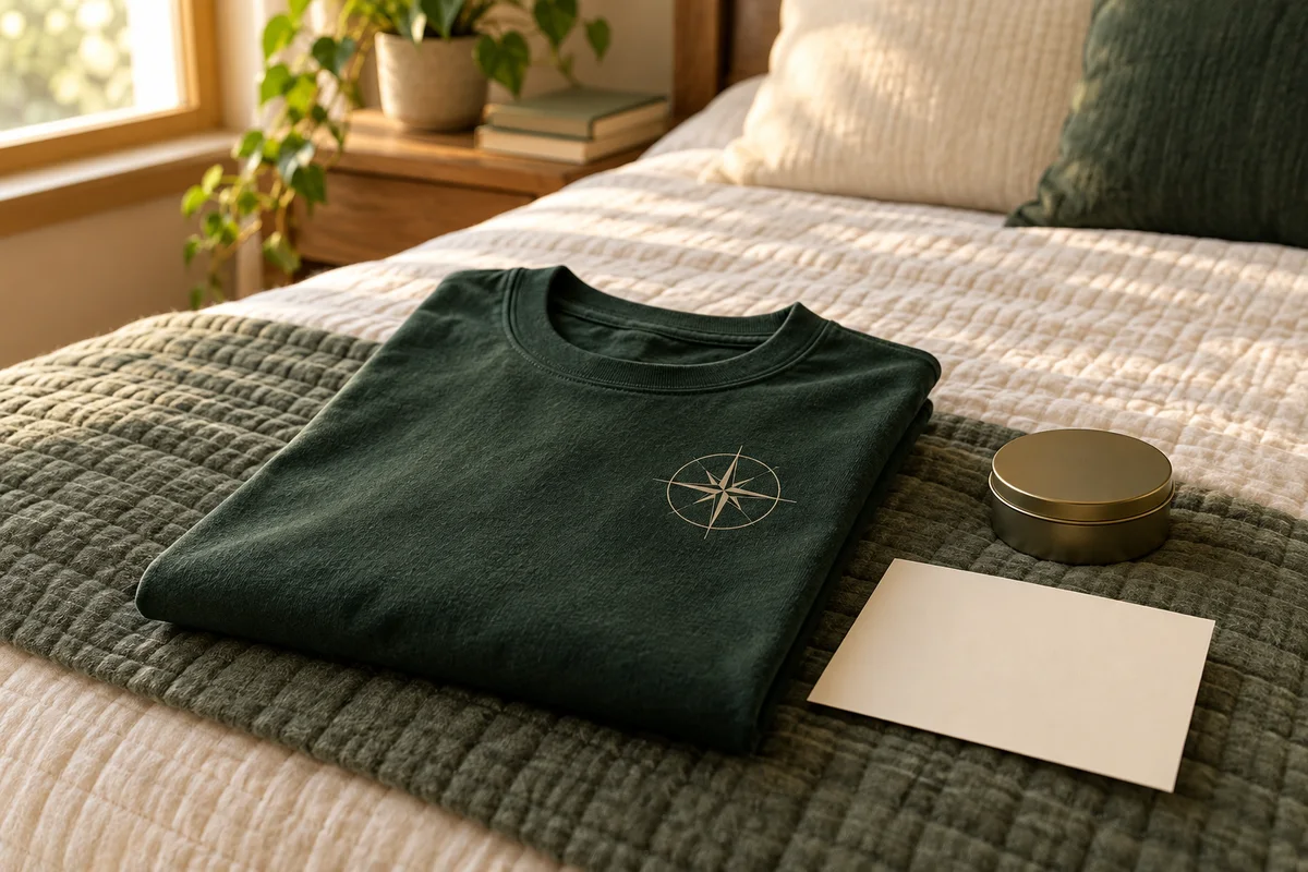 A folded shirt, a small tin and a card on a bed in soft morning light.