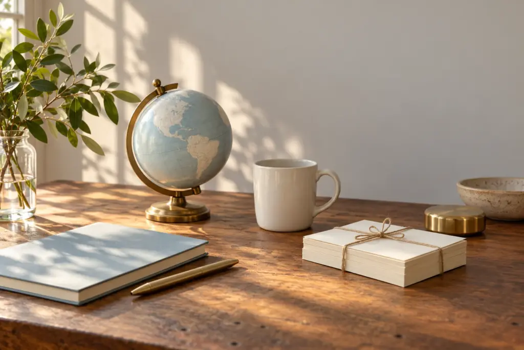 A small globe, a plain mug and a stack of blank cards on a desk.