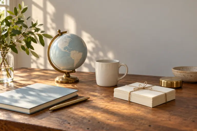 A small globe, a plain mug and a stack of blank cards on a desk.