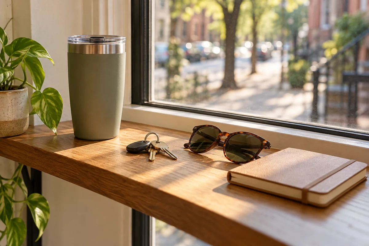 A tumbler on a car dashboard-style shelf beside keys and sunglasses in morning light.