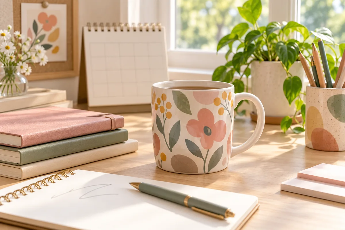 A mug on a teacher's desk beside a stack of notebooks