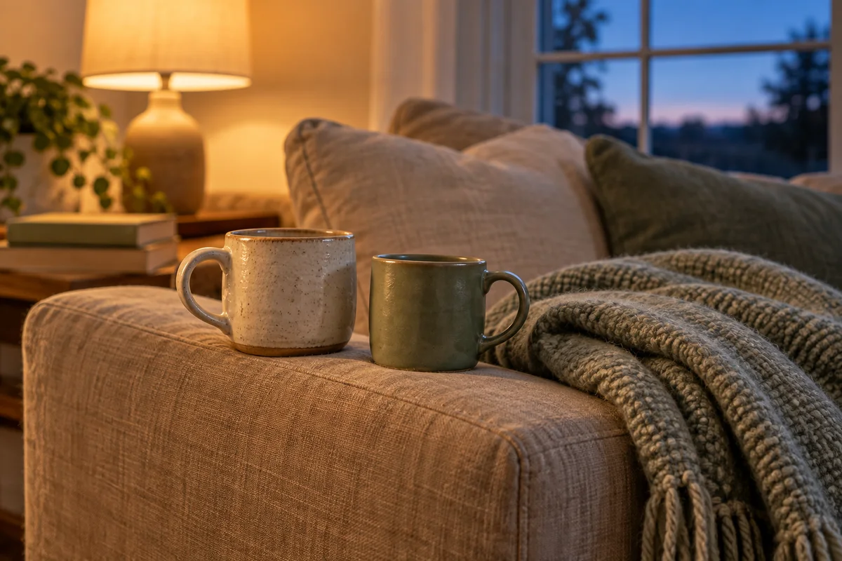 Two mismatched mugs and a folded blanket on a shared sofa arm.