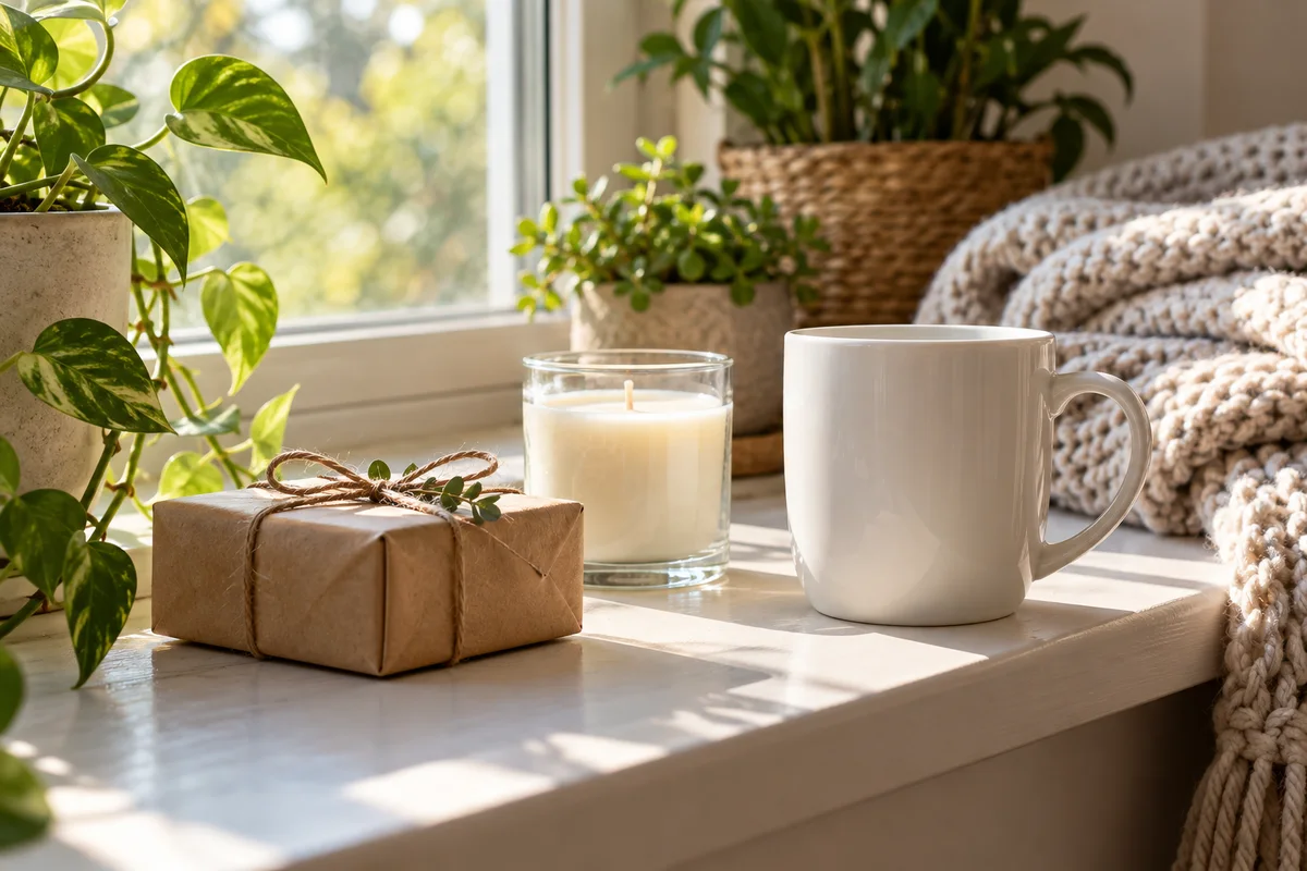 A wrapped gift, a candle and a mug on a windowsill