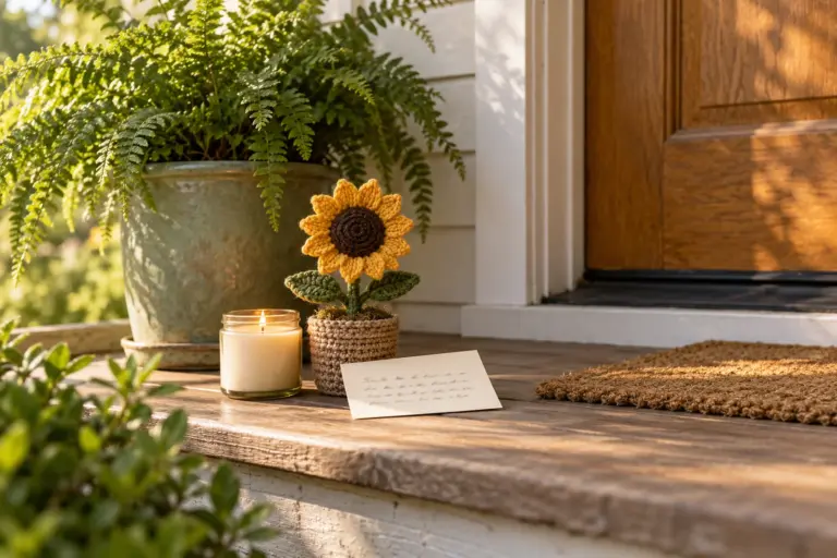 A small candle, a crochet plant and a card resting on a porch step beside a welcome mat.