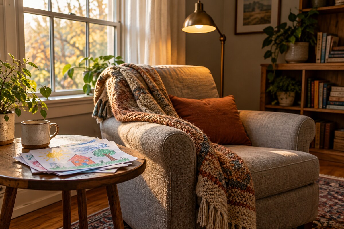 A grandmother's armchair with a folded blanket, a mug and a stack of children's drawings on a side table