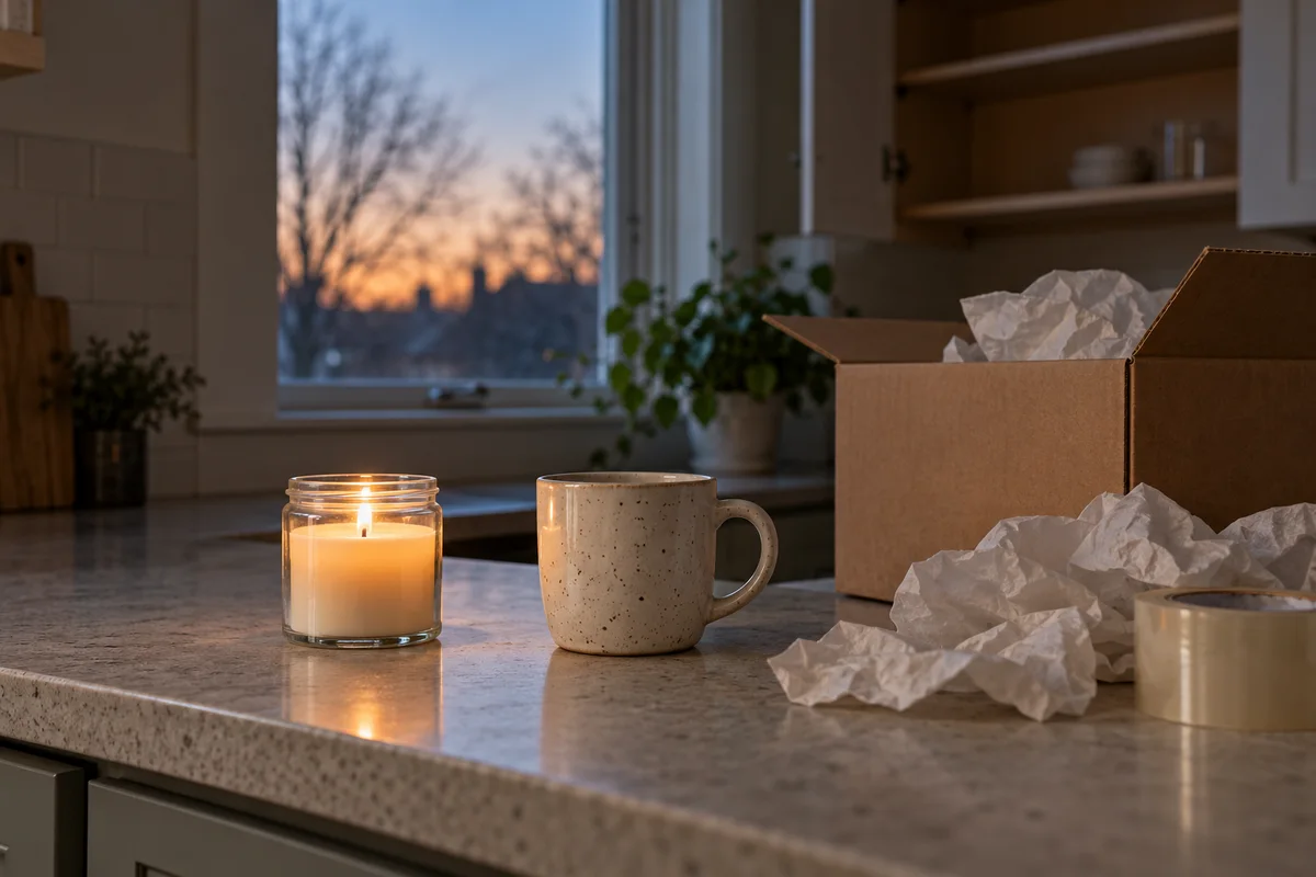 A lit candle and a mug on a bare kitchen counter beside an open box.