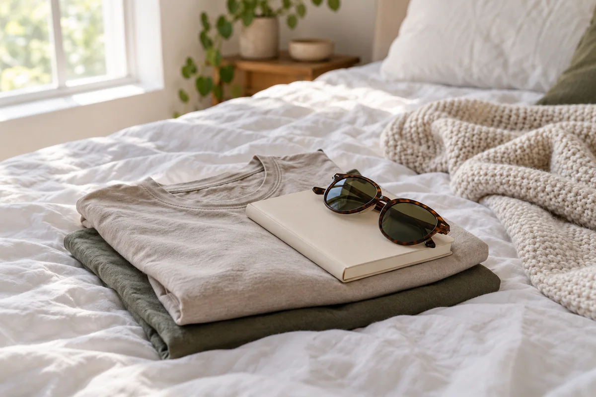 Two folded t-shirts stacked on a bed with a small notebook and a pair of sunglasses.