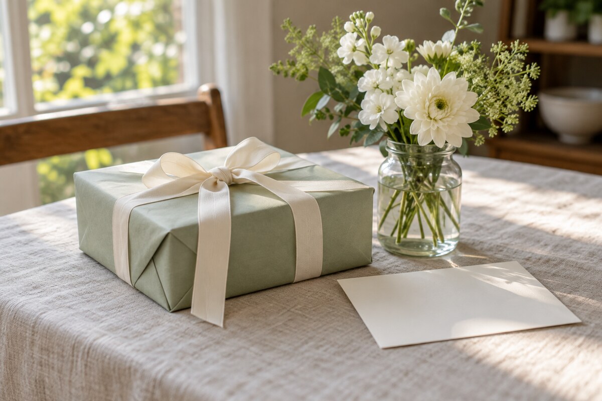 A pale wrapped gift with cream ribbon on a cloth beside a small bouquet
