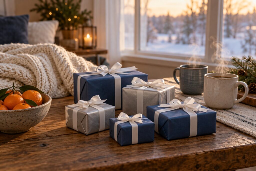 Small gifts wrapped in blue and silver paper beside two mugs on a table.