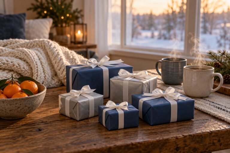 Small gifts wrapped in blue and silver paper beside two mugs on a table.