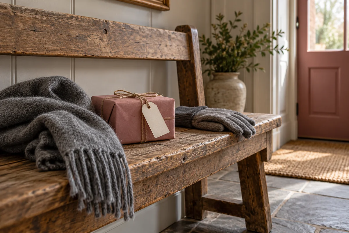 A wrapped gift with a blank tag on a bench beside a folded scarf.