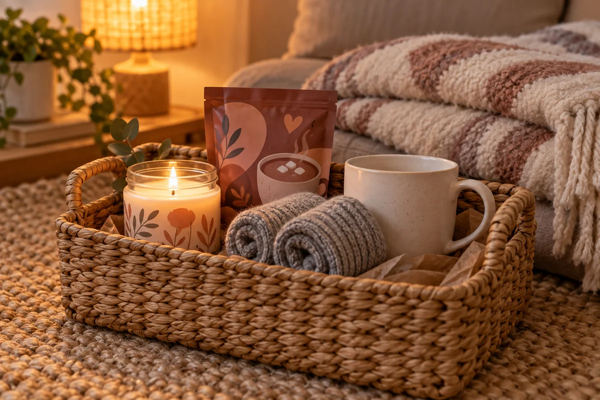 A cozy-night basket with a candle, socks and a mug on a rug