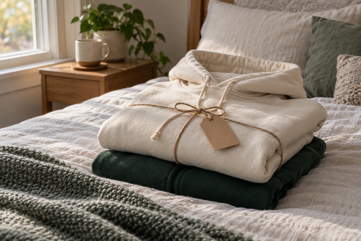 Two folded hoodies in complementary colors on a bed with a wrapped gift tag