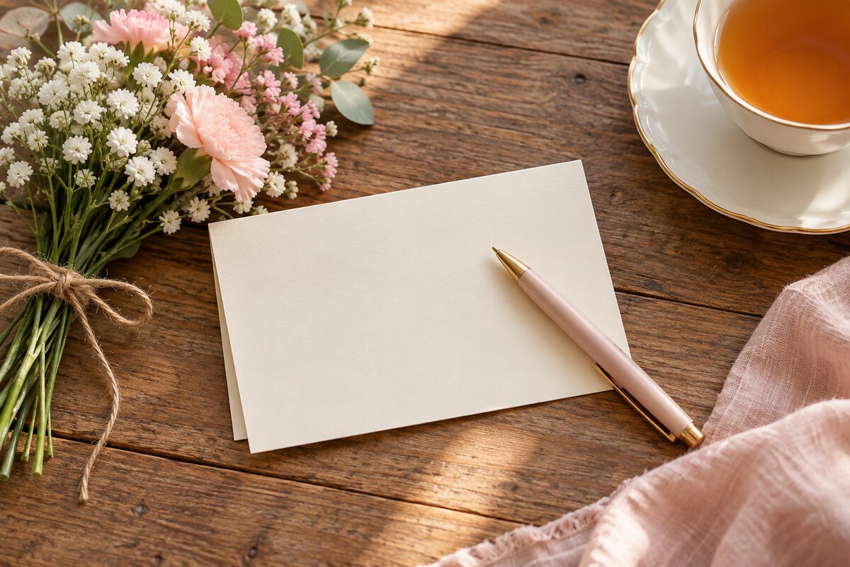 A pen resting on a blank folded cream card beside a small bunch of flowers on a table