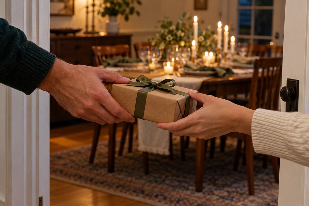 Two hands exchanging a wrapped box at a dining room doorway with a laid table behind