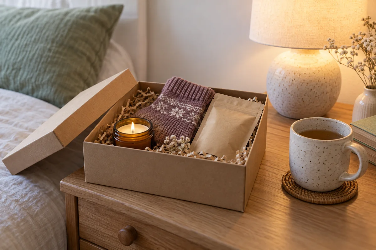 A gift box with a candle, folded socks and a tea packet next to a mug on a bedside table.