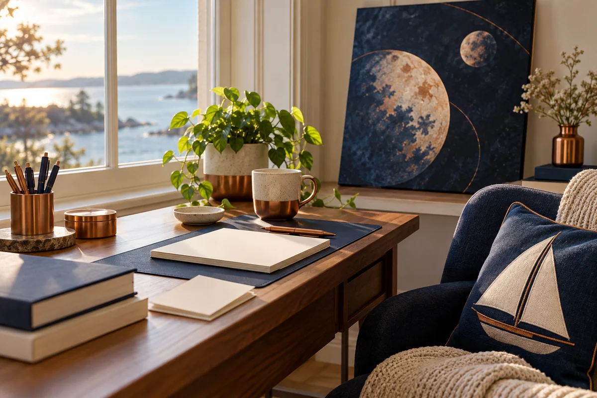 A desk with a plant, a cushion on a chair and a canvas print leaning on the wall.