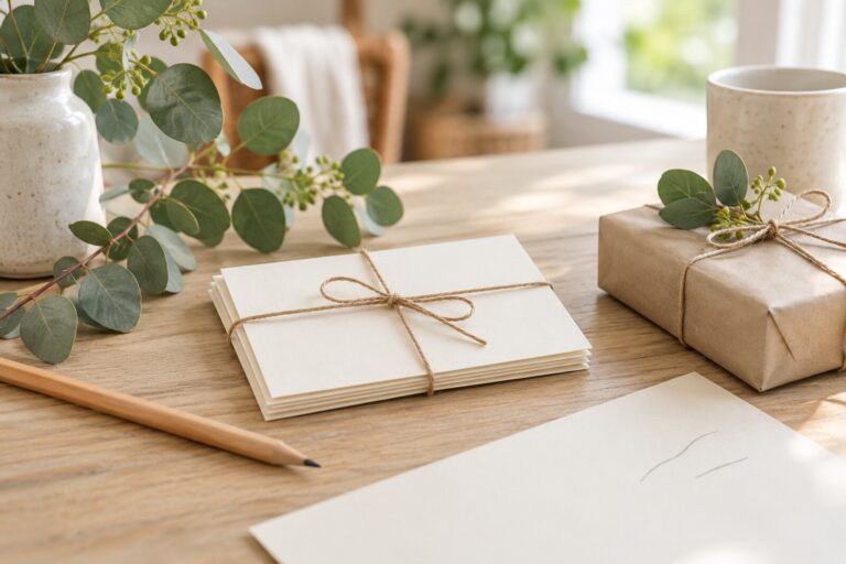 A small stack of plain folded cards with a pencil, a sprig of greenery and a wrapped gift on a pale table.