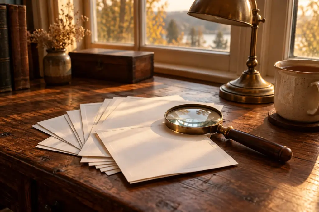 A stack of loose prints and a magnifying glass on a table by a window.