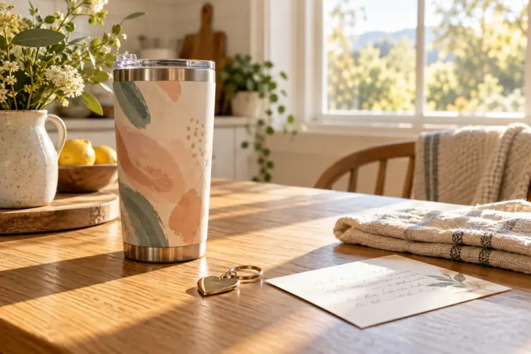 A personalized tumbler, a small keepsake and a handwritten card on a sunlit kitchen table.