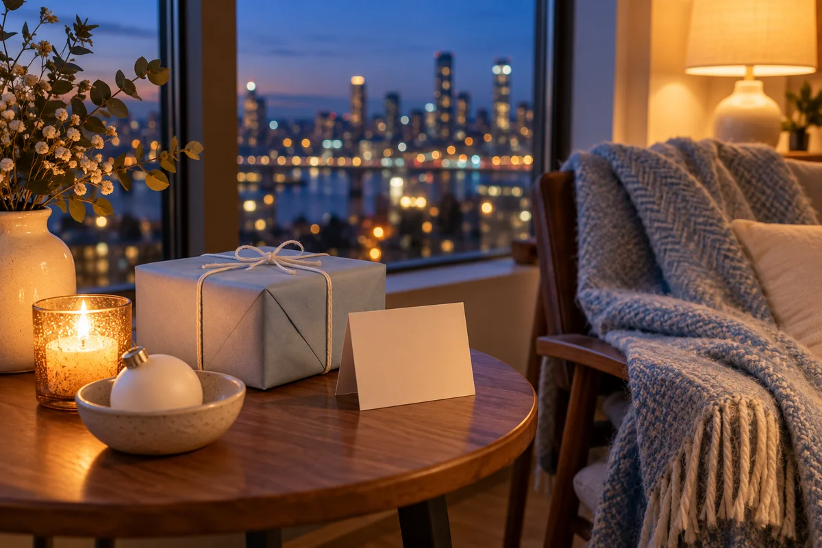 A wrapped gift and a plain ornament on a table beside a window at dusk.