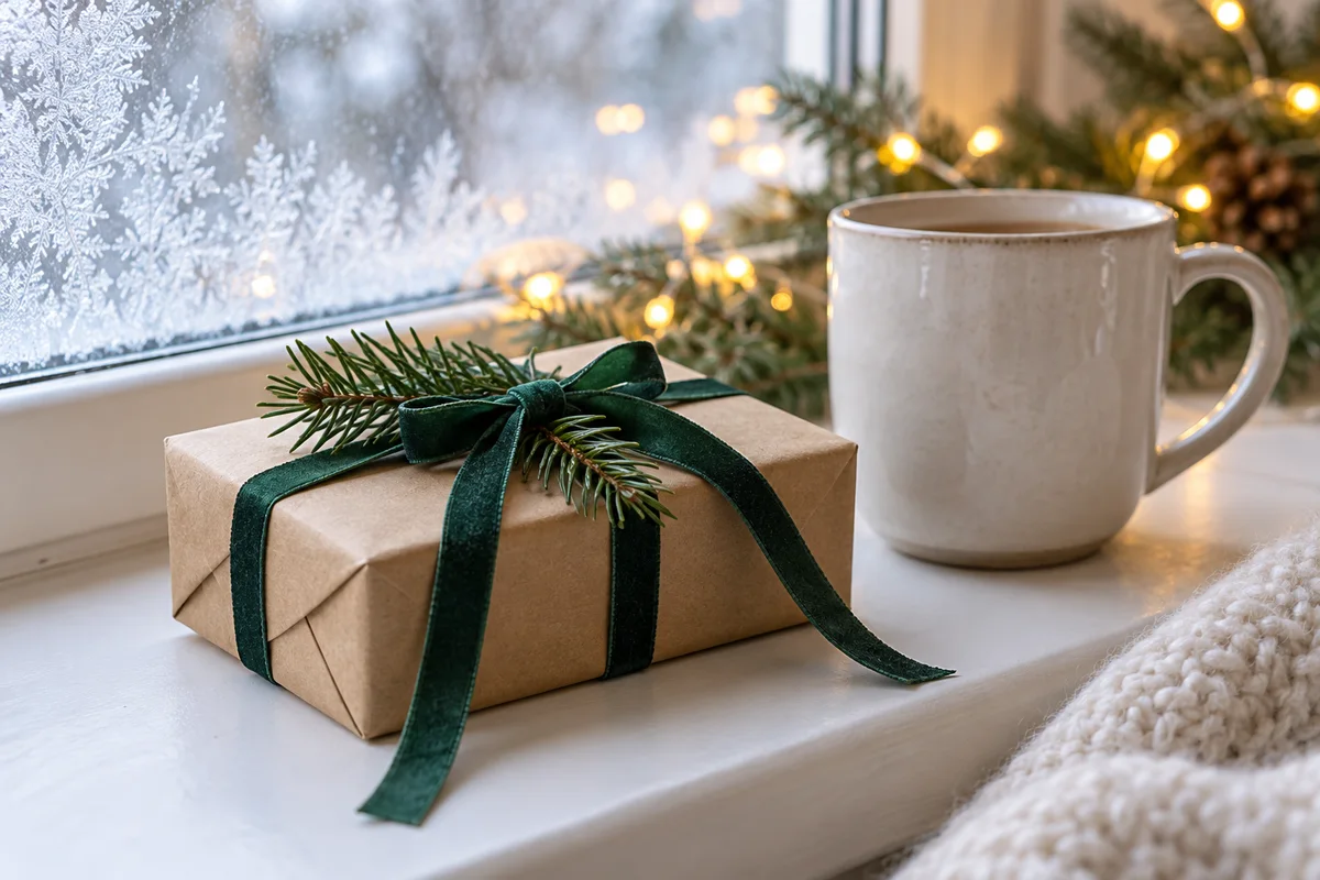 A small gift box tied with green ribbon beside a sprig of evergreen and a mug on a snowy windowsill.