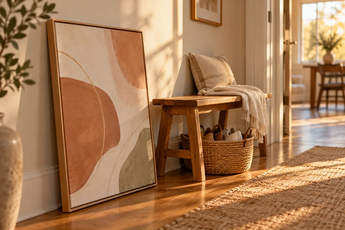 A canvas leaning on a hallway wall beside a bench and a basket