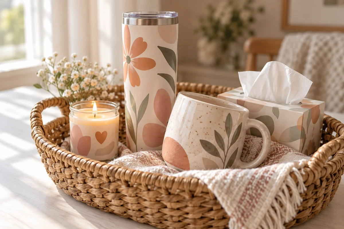 A basket arranged on a table with a tall tumbler at the back and a mug at the front