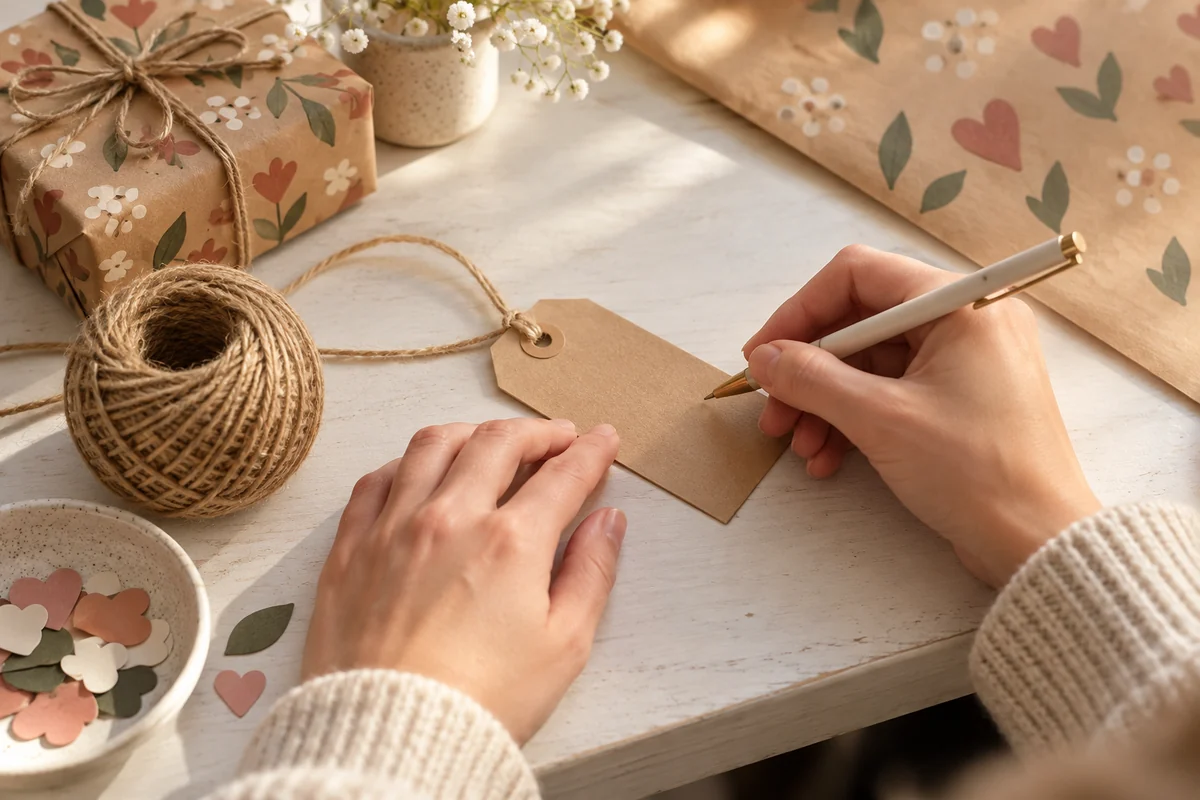 A hand holding a pen over a small blank kraft tag at a desk