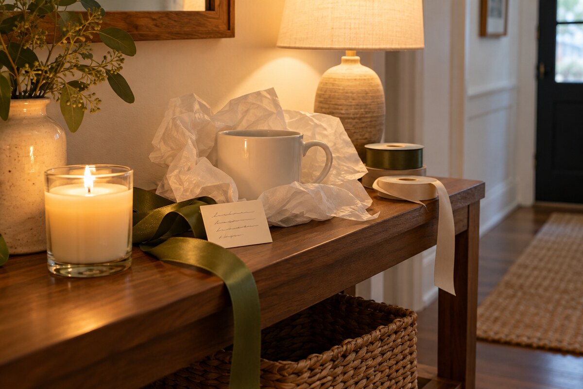 A shelf with a few small ready-to-give gifts, a candle and a mug, kept for unexpected guests