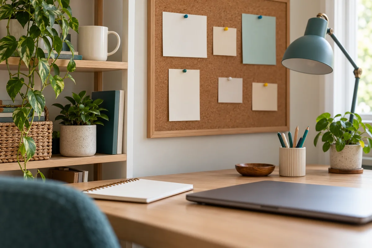 A plain mug on a shelf beside a corkboard with blank cards and colored pins in a home office.
