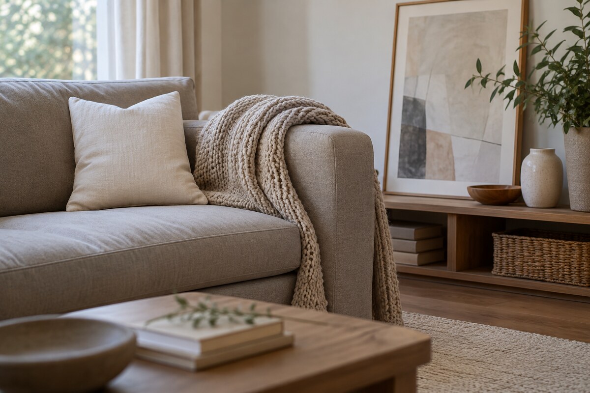A living room sofa with a throw, a cushion and a framed print leaning on a shelf