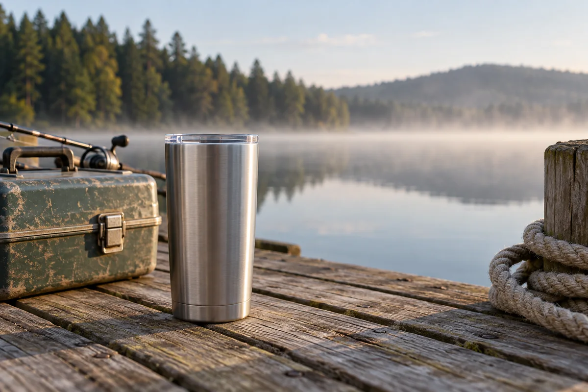 A tumbler sitting on a dock beside a worn tackle box in early morning mist.