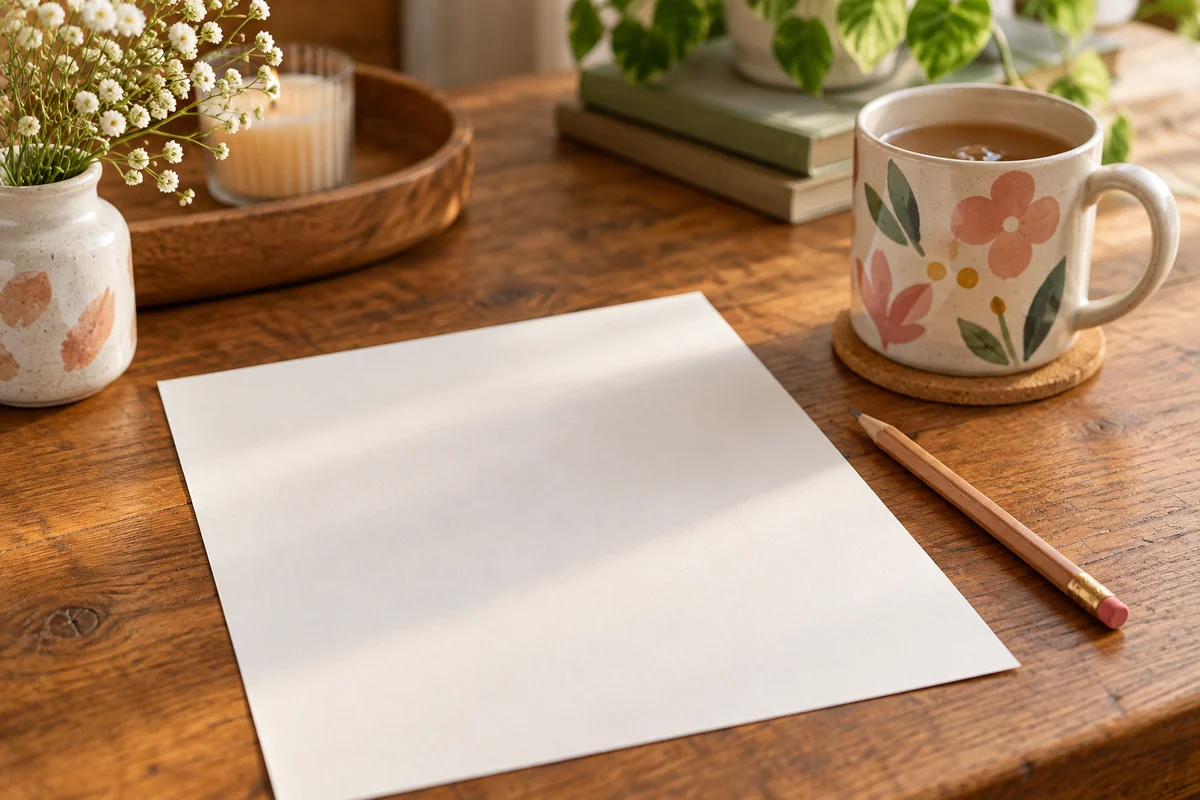 A pencil resting beside a sheet of paper and a mug on a table