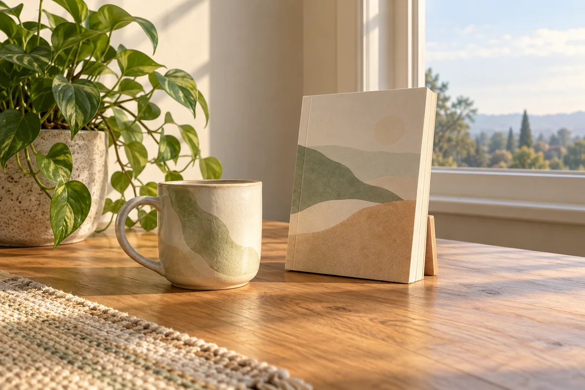 Two cups on separate tables in two different rooms, each with a phone propped against a book.