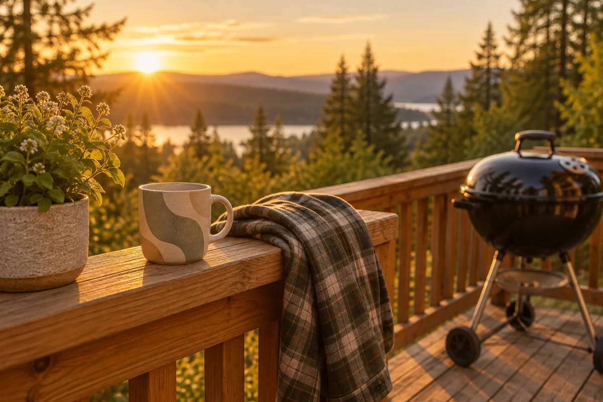 A mug on a deck railing next to a small grill and a folded flannel shirt.