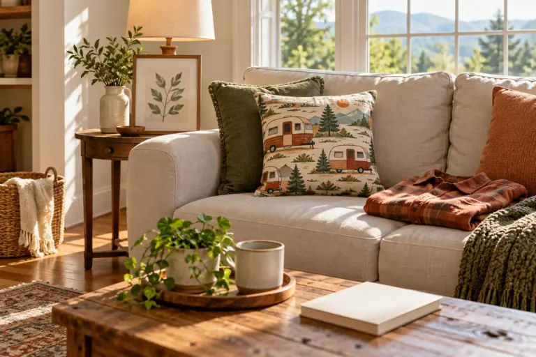 A pillow, a canvas and a folded shirt arranged on a sunny living room sofa.