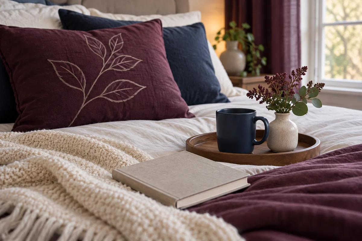 A plum pillow and a navy mug on a bed with a folded cream throw.