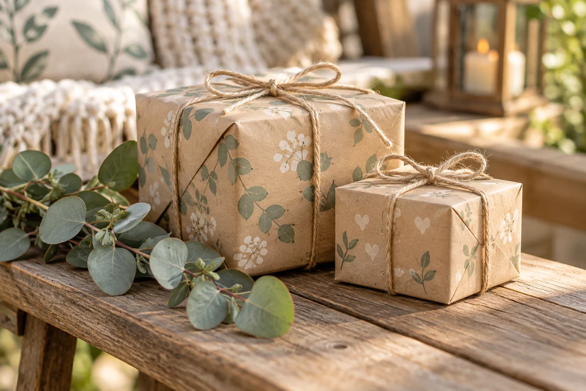 A neat pair of gift boxes tied with matching twine on a bench