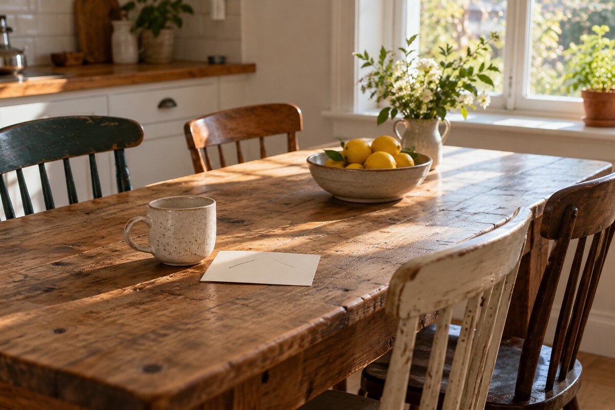 A mismatched set of chairs around a kitchen table with a card and a mug