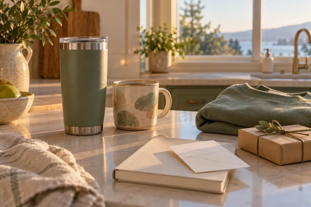 A tumbler, a mug and a folded sweatshirt on a kitchen counter in early morning light.