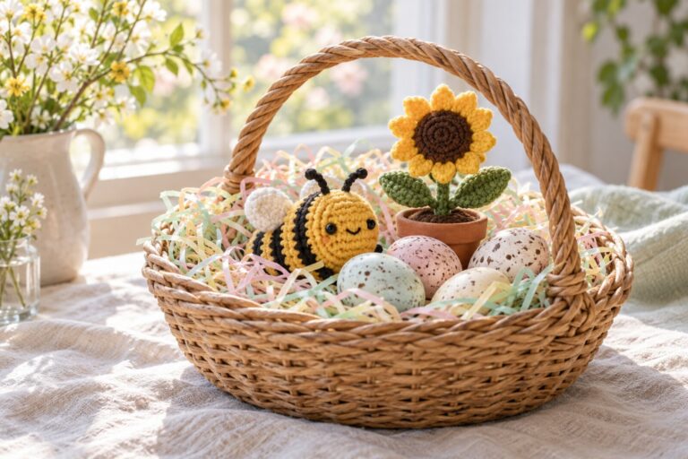 A woven Easter basket with a crocheted toy, a small potted flower and soft paper grass.