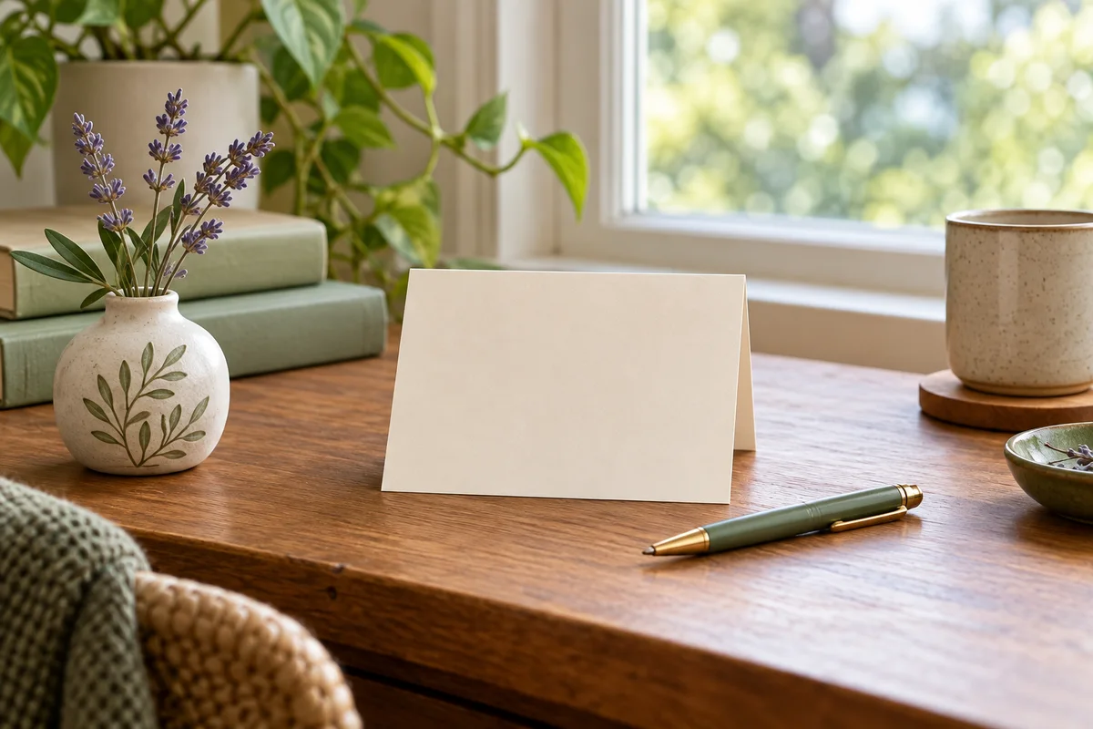 A blank card, a pen and a small ornament on a desk beside a window.