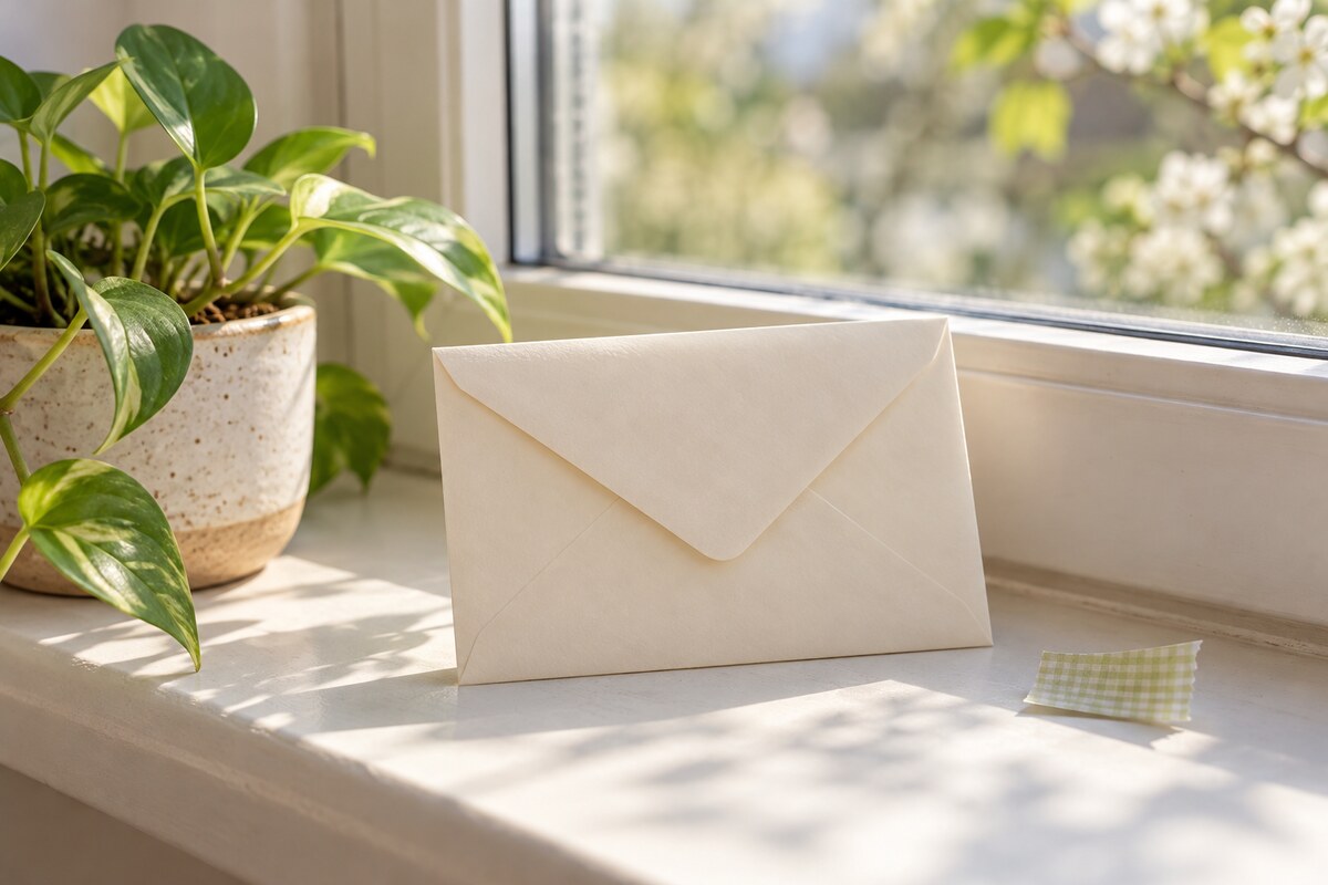 A plain cream envelope resting on a windowsill beside a small plant
