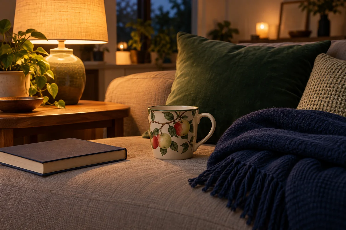 A mug and a folded blanket on a sofa with a lamp in the evening.