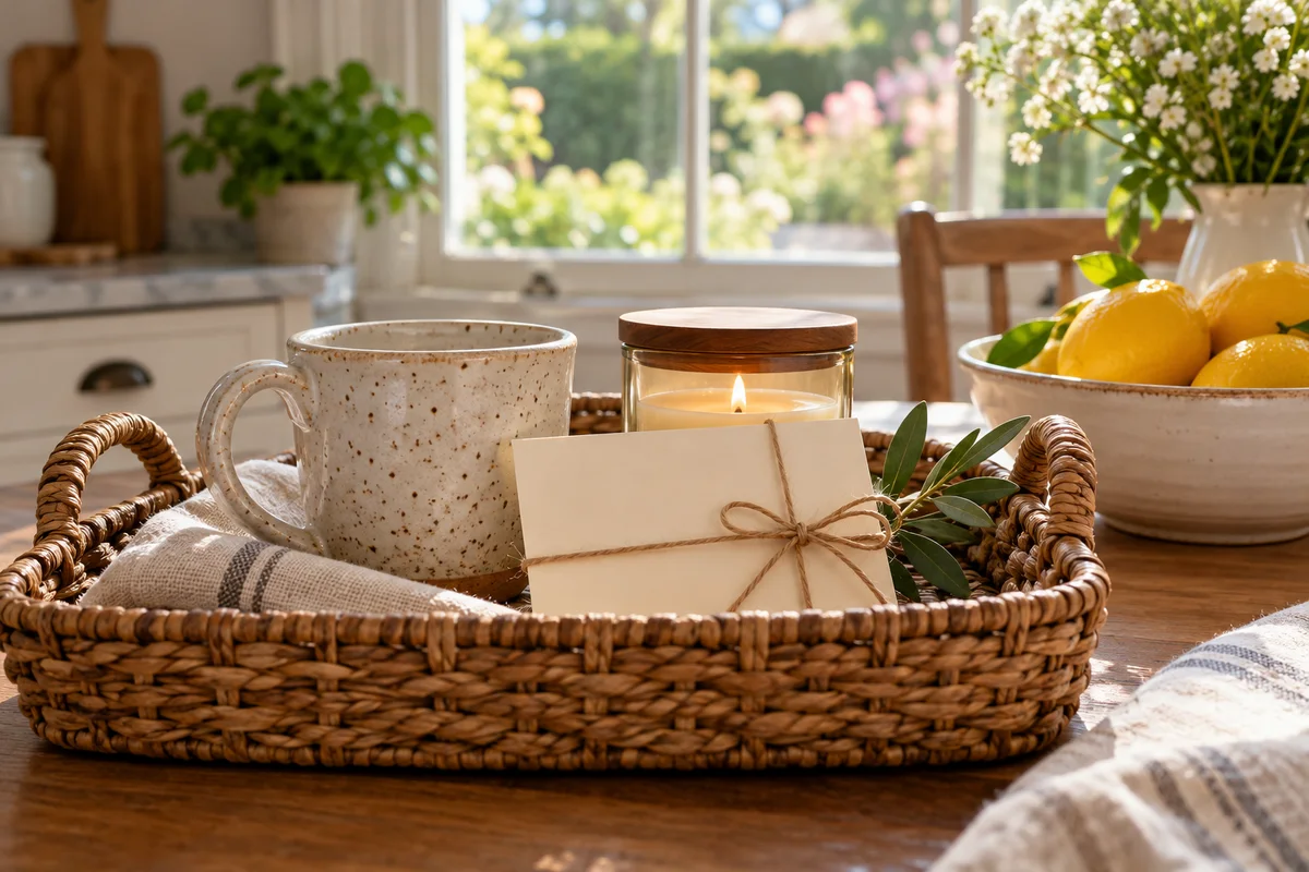 A small basket holding a mug, a candle and a blank recipe card tied with twine on a kitchen table.