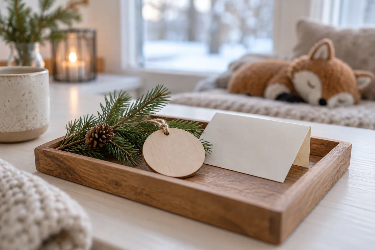 A gift, a small ornament and a pine sprig on a tray